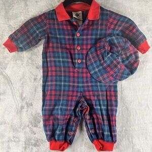 Vtg Good Lad Of Philadelphia Tartan Plaid Flannel Romper‎ Size 6-9 Months W/Hat